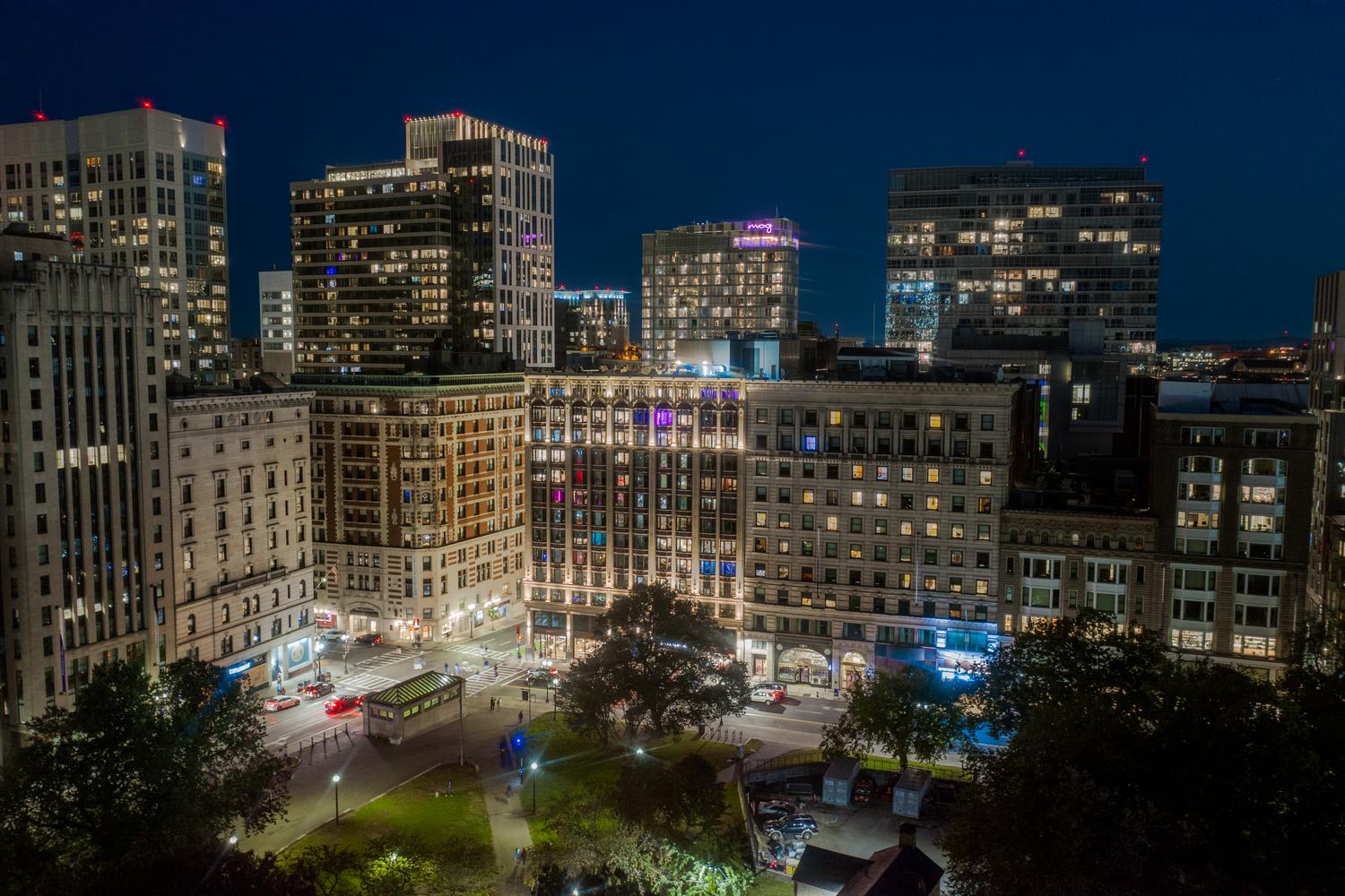 Drone view of Boston Campus at night